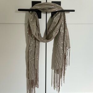 United Colors Of Benetton Silver and Taupe Metallic Striped Scarf with Fringe
